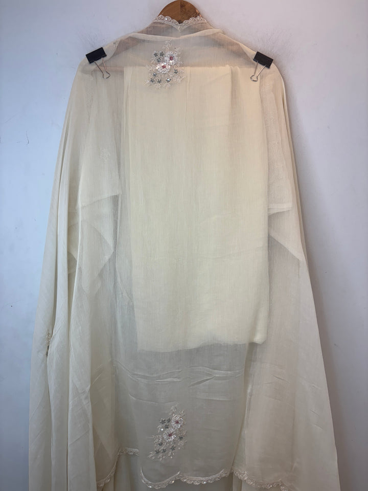 White Mul Cotton Embroidered Suit Set with Pearl &amp; Sequin Booties