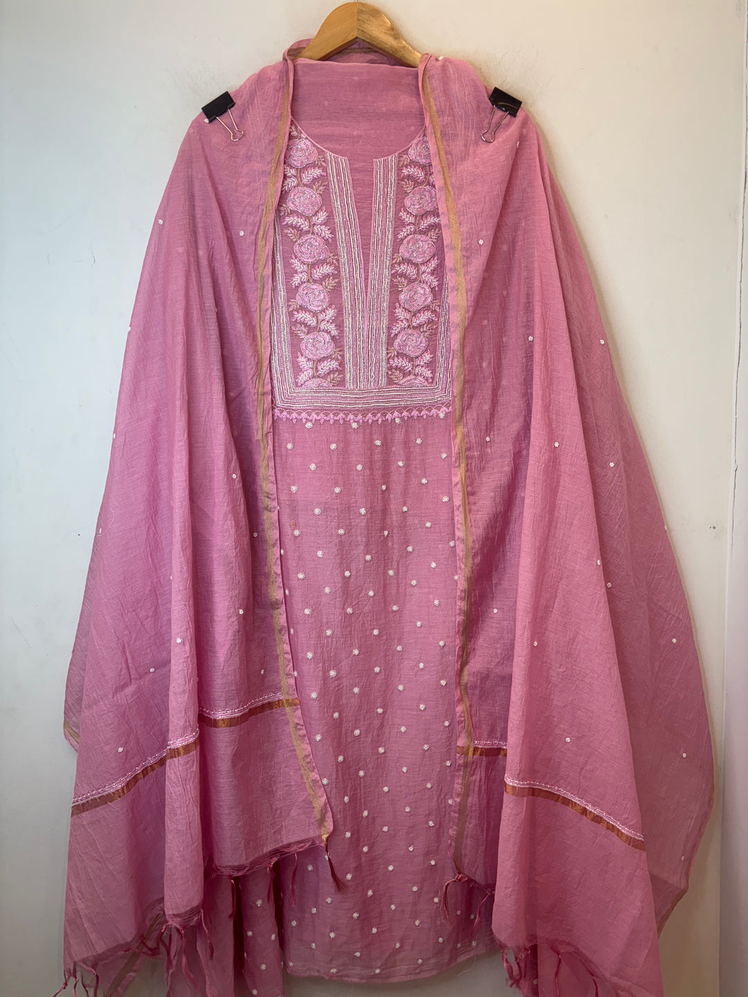 Pink Mul Chanderi Embroidered Suit Set with Pearl &amp; Cutdana Work