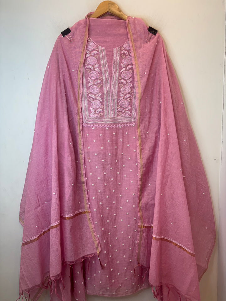 Pink Mul Chanderi Embroidered Suit Set with Pearl &amp; Cutdana Work