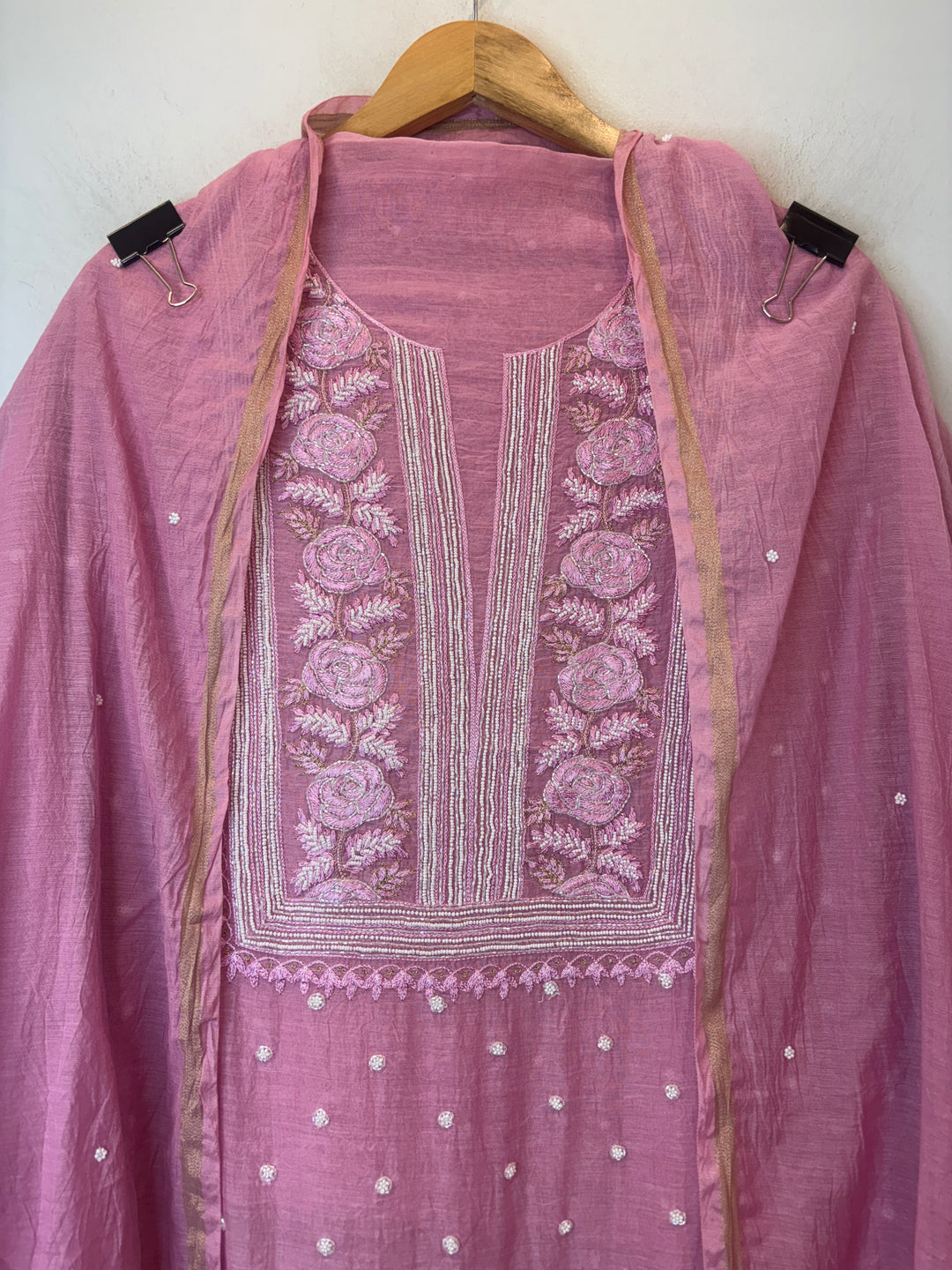 Pink Mul Chanderi Embroidered Suit Set with Pearl &amp; Cutdana Work