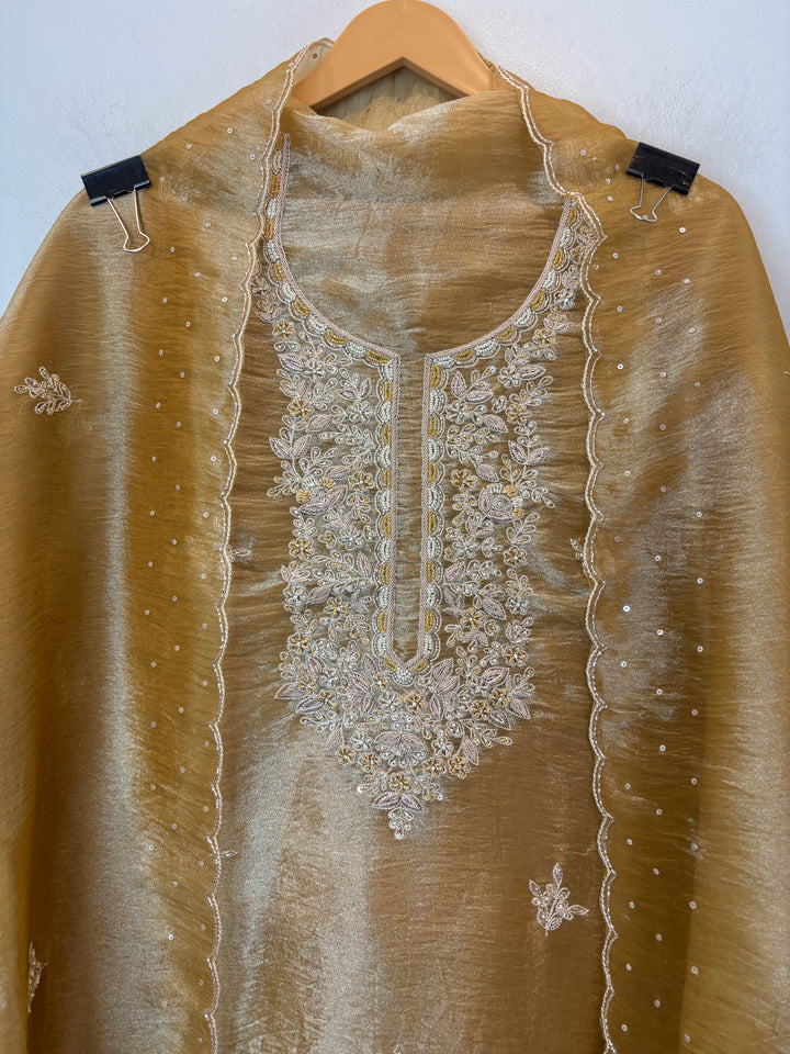 Yellow Crushed Tissue Suit Set with Aari Work &amp; Dabka Detailing