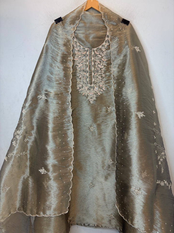 Green Crushed Tissue Suit Set with Aari Work &amp; Dabka Detailing