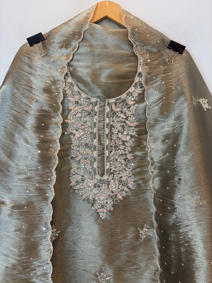 Green Crushed Tissue Suit Set with Aari Work &amp; Dabka Detailing