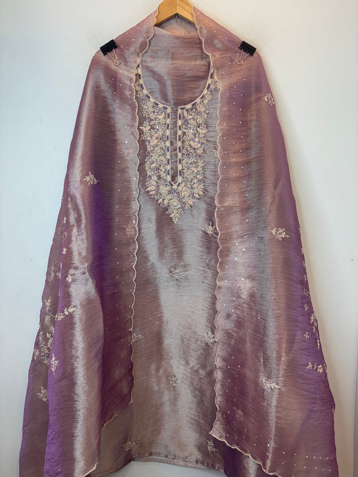 Lavender Crushed Tissue Suit Set with Aari Work &amp; Dabka Detailing