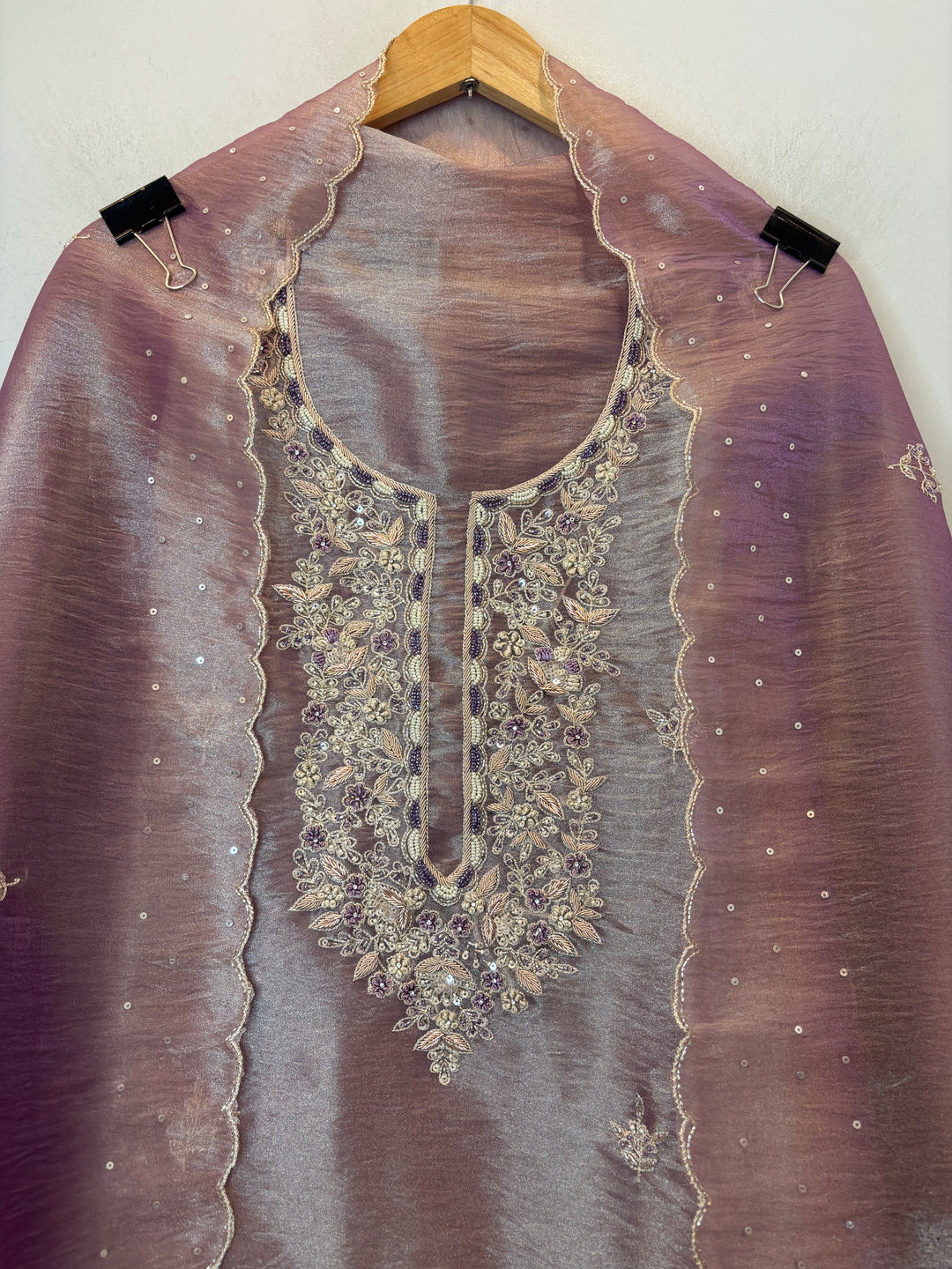 Lavender Crushed Tissue Suit Set with Aari Work &amp; Dabka Detailing