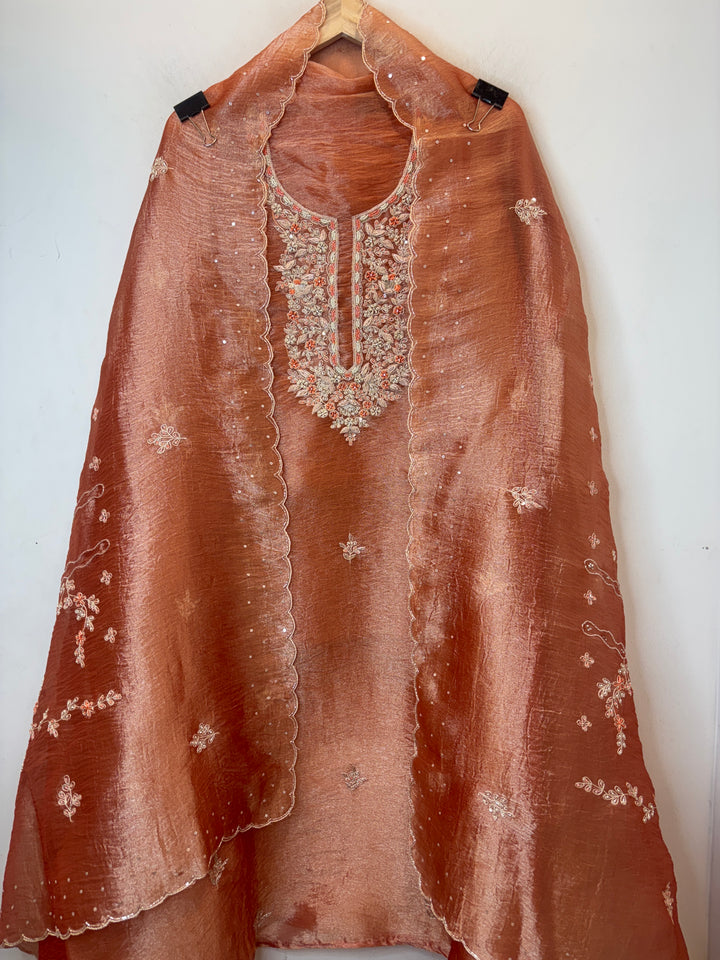 Rust Crushed Tissue Suit Set with Aari Work &amp; Dabka Detailing