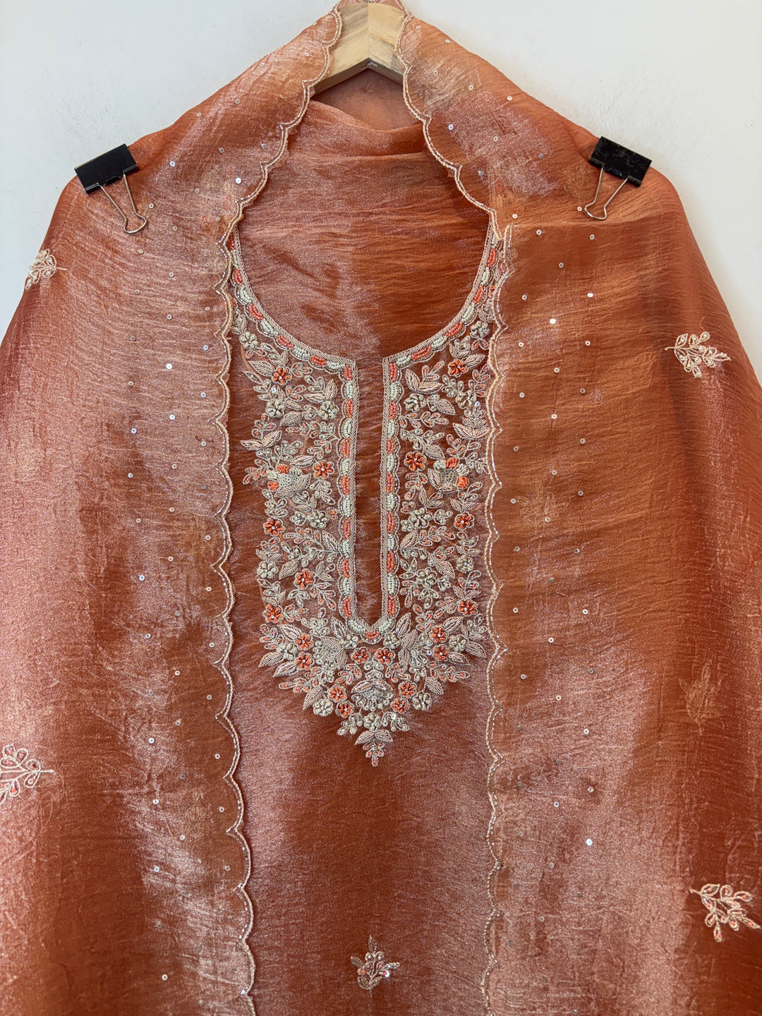 Rust Crushed Tissue Suit Set with Aari Work &amp; Dabka Detailing