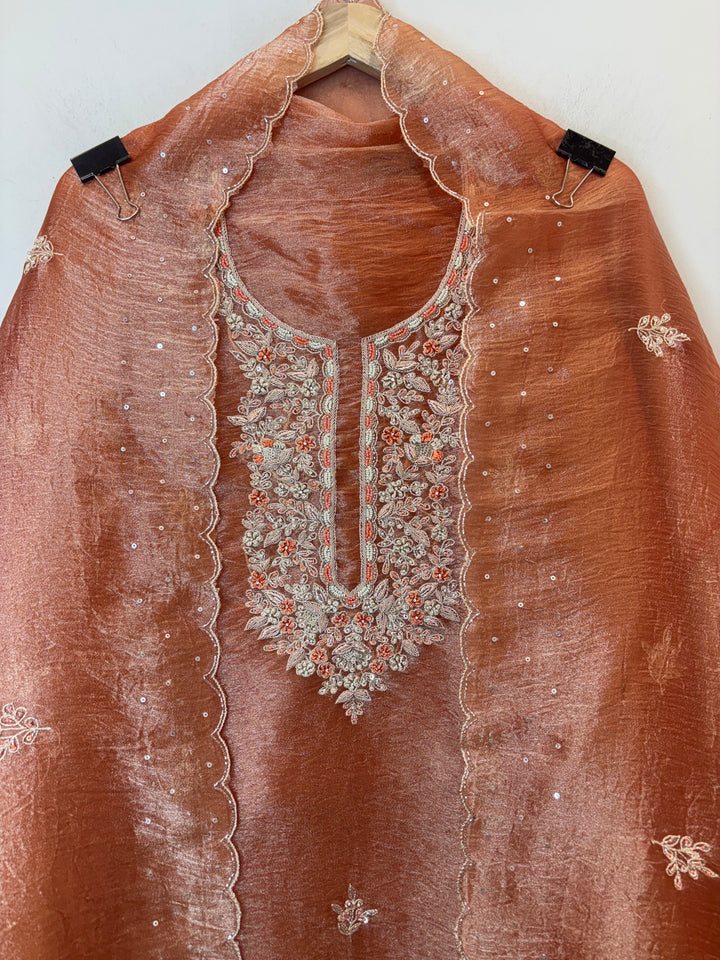 Rust Crushed Tissue Suit Set with Aari Work &amp; Dabka Detailing