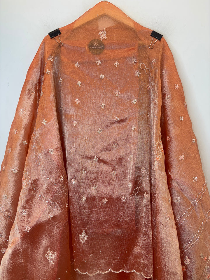 Rust Crushed Tissue Suit Set with Aari Work &amp; Dabka Detailing
