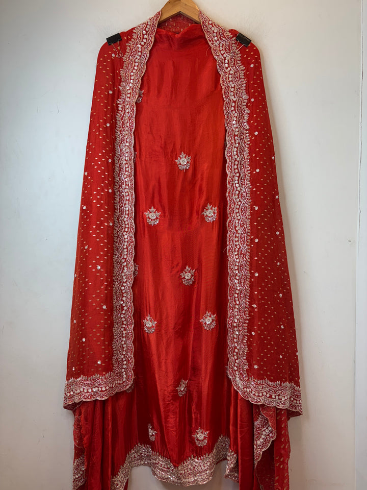 Red Silk Suit Set with Cutdana Sequin Work &amp; Organza Dupatta