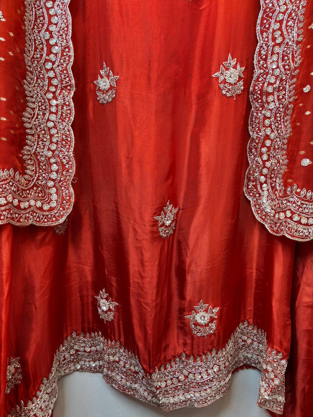 Red Silk Suit Set with Cutdana Sequin Work &amp; Organza Dupatta