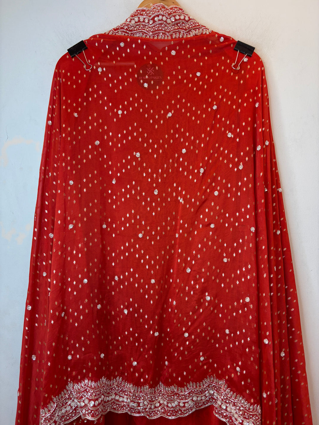 Red Silk Suit Set with Cutdana Sequin Work &amp; Organza Dupatta