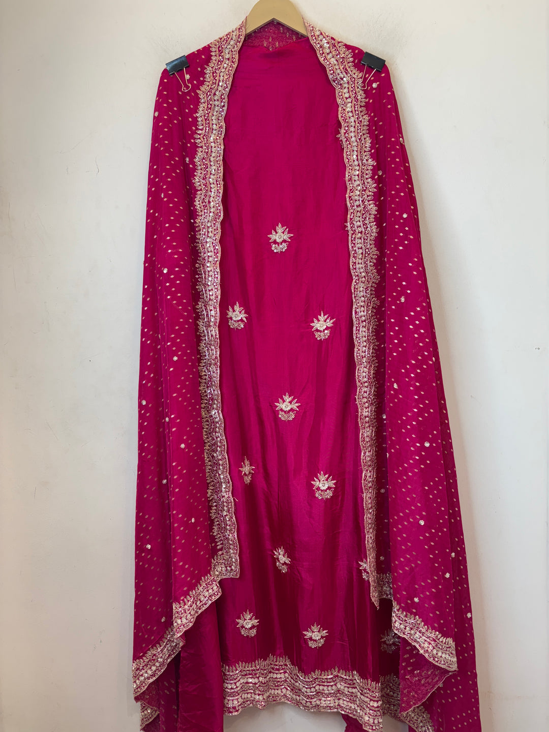 Pink Silk Suit Set with Cutdana Sequin Work &amp; Organza Dupatta