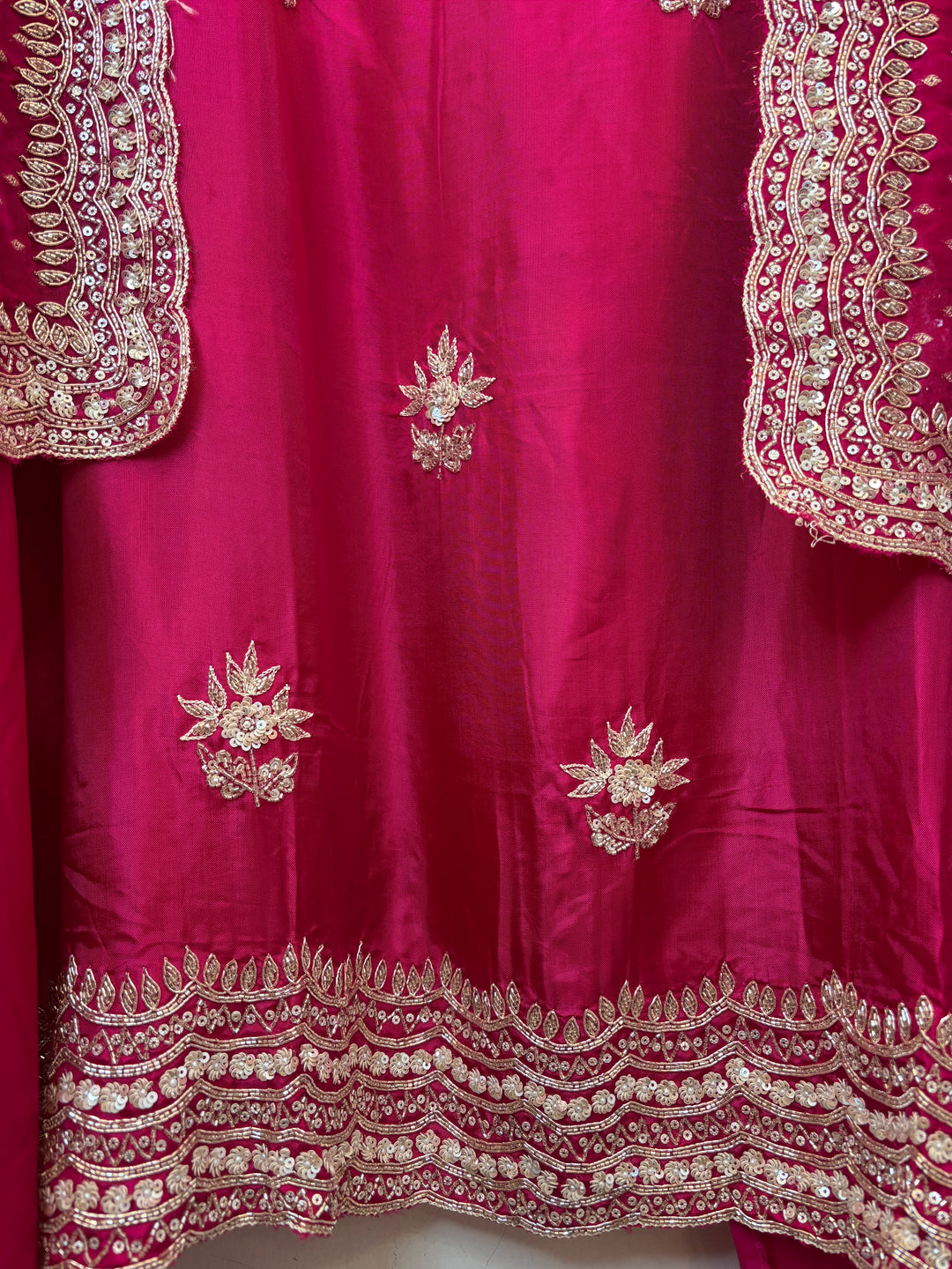 Pink Silk Suit Set with Cutdana Sequin Work &amp; Organza Dupatta