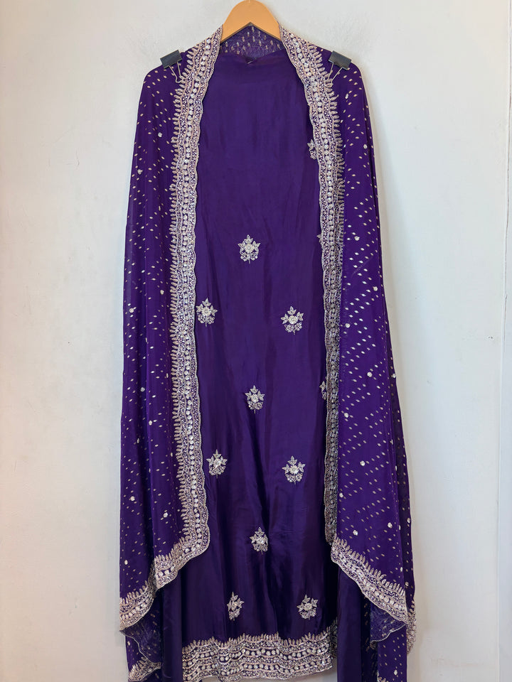 Purple Silk Suit Set with Cutdana Sequin Work &amp; Organza Dupatta
