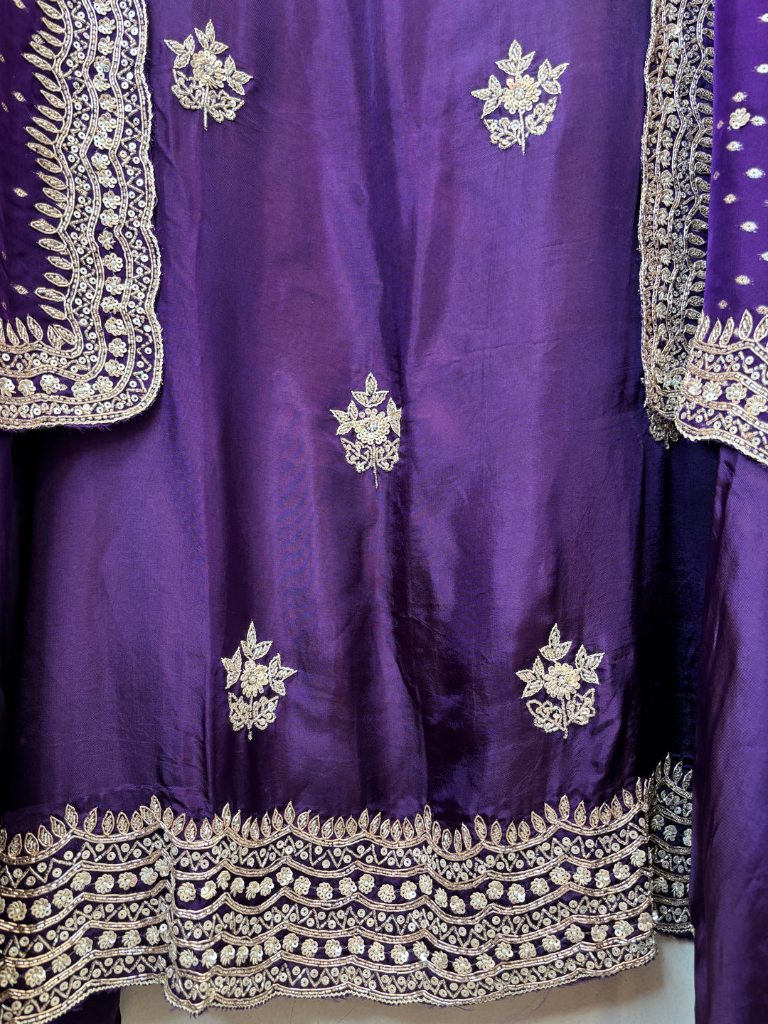 Purple Silk Suit Set with Cutdana Sequin Work &amp; Organza Dupatta
