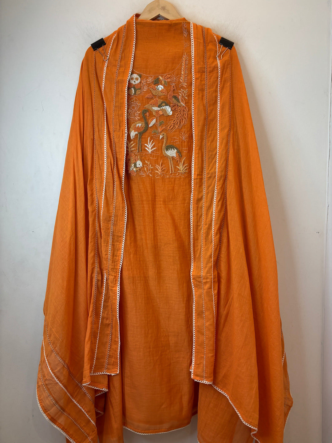 Orange Mul Cotton Peacock Handworked Suit Set with Lace Detailing