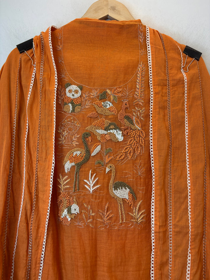 Orange Mul Cotton Peacock Handworked Suit Set with Lace Detailing