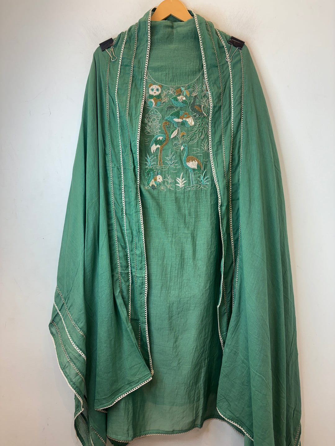 Green Mul Cotton Peacock Handworked Suit Set with Lace Detailing