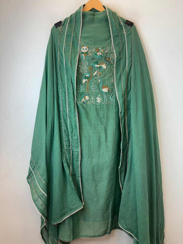Green Mul Cotton Peacock Handworked Suit Set with Lace Detailing