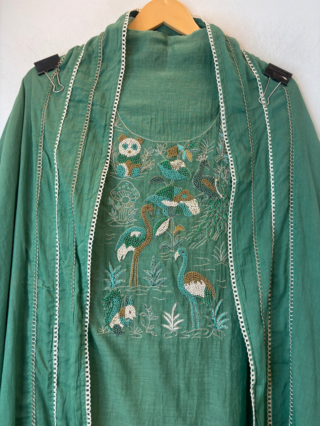 Green Mul Cotton Peacock Handworked Suit Set with Lace Detailing