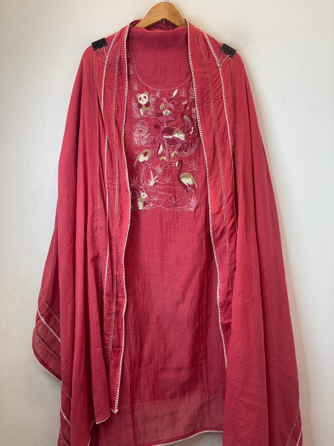 Maroon Mul Cotton Peacock Handworked Suit Set with Lace Detailing