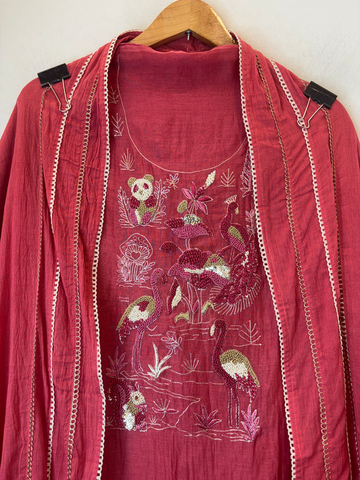 Maroon Mul Cotton Peacock Handworked Suit Set with Lace Detailing