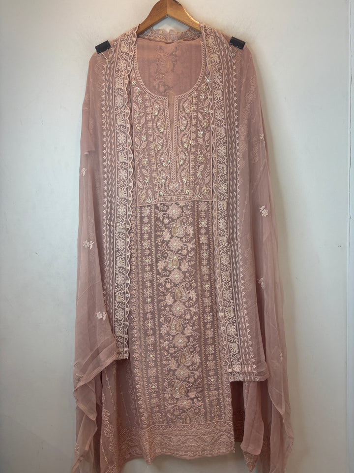 Peach Georgette Embroidered Suit Set with Pearl, Sequin &amp; Zari Work