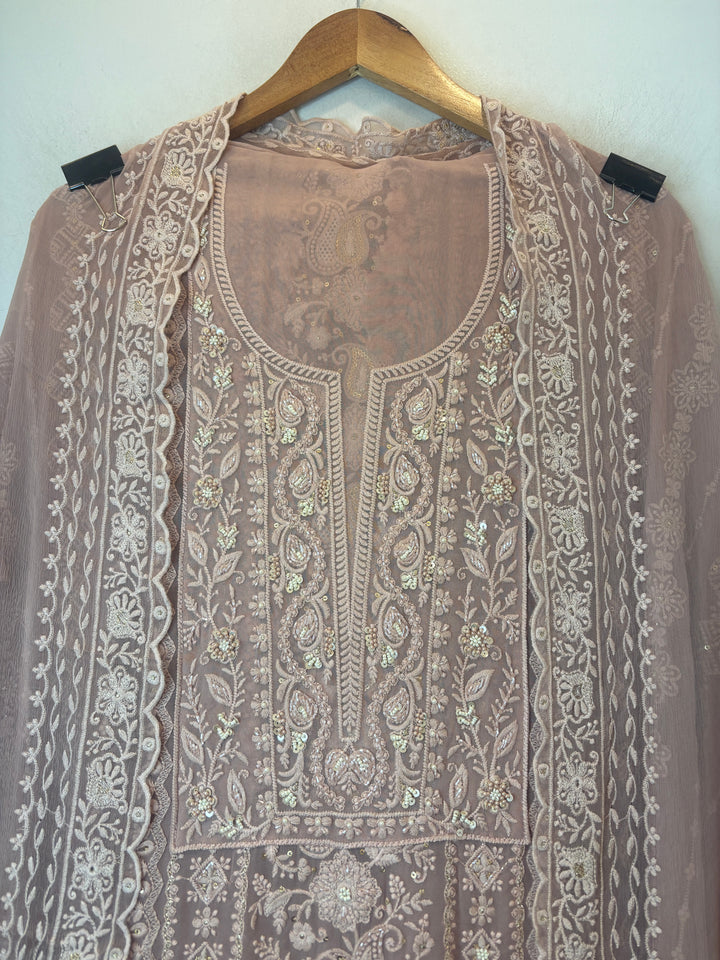 Peach Georgette Embroidered Suit Set with Pearl, Sequin &amp; Zari Work