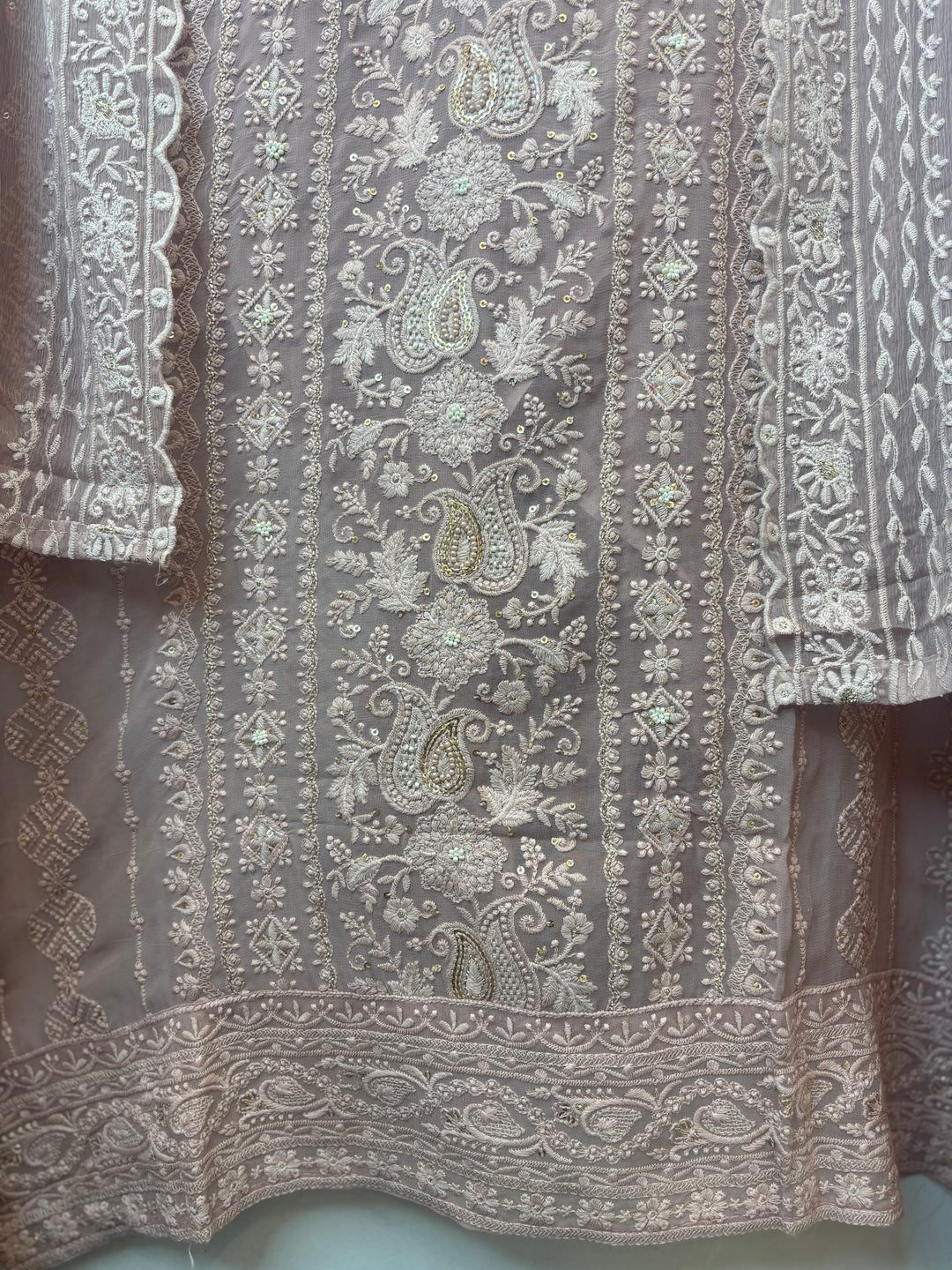 Peach Georgette Embroidered Suit Set with Pearl, Sequin &amp; Zari Work