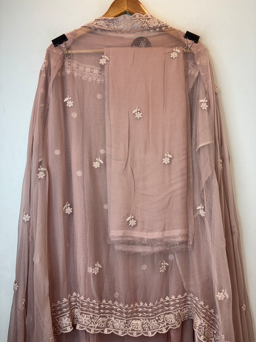 Peach Georgette Embroidered Suit Set with Pearl, Sequin &amp; Zari Work