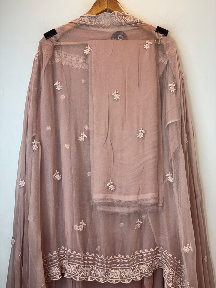 Peach Georgette Embroidered Suit Set with Pearl, Sequin &amp; Zari Work