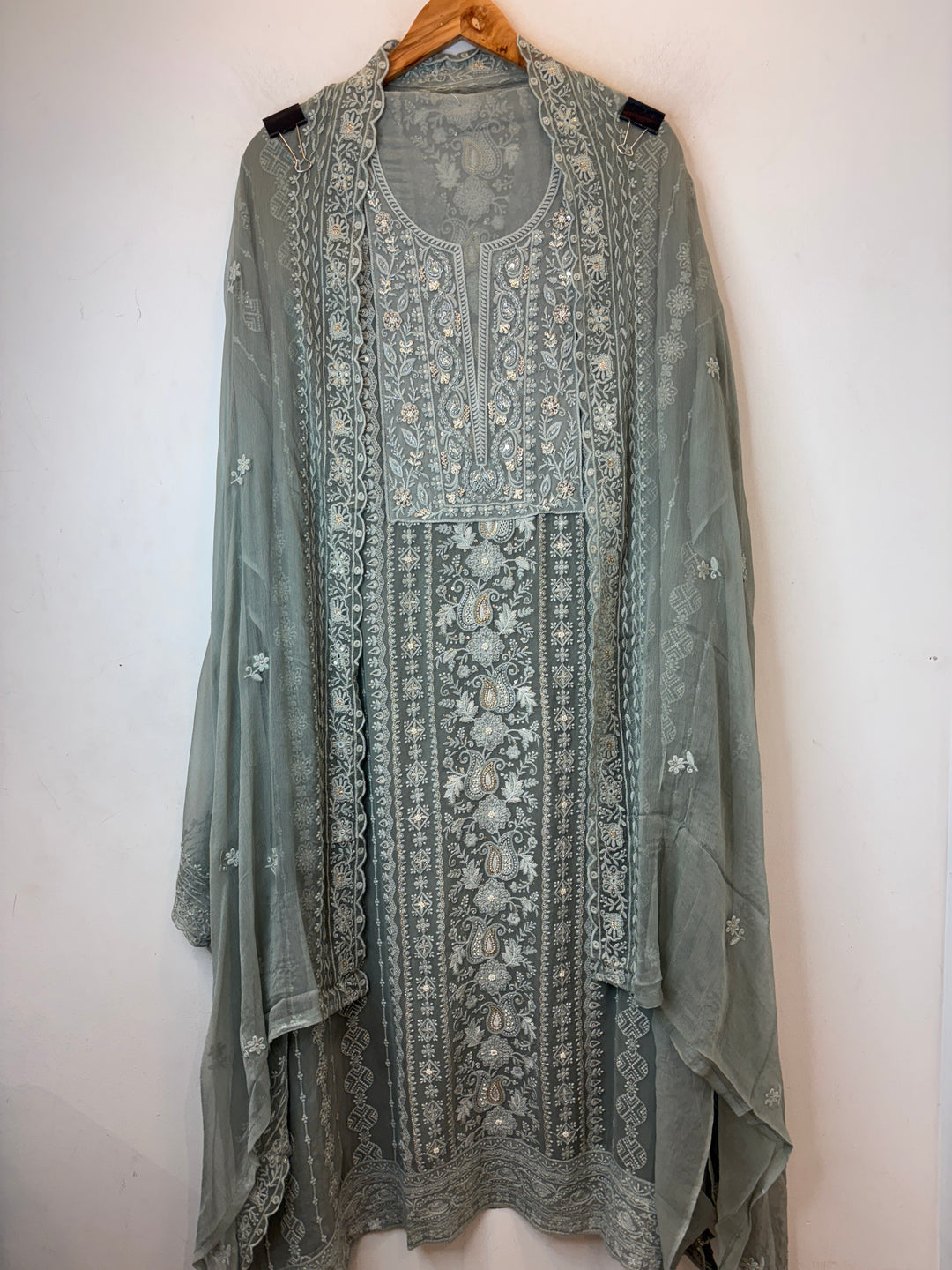 Sea Green Georgette Embroidered Suit Set with Pearl, Sequin &amp; Zari Work