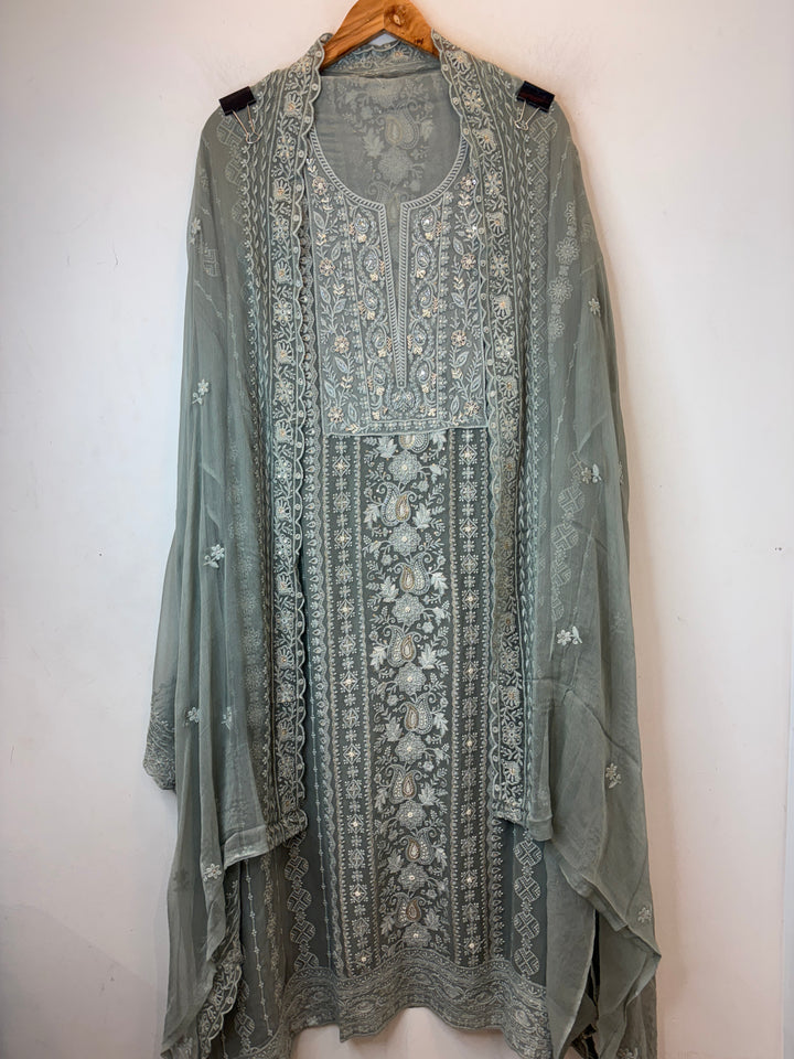 Sea Green Georgette Embroidered Suit Set with Pearl, Sequin &amp; Zari Work