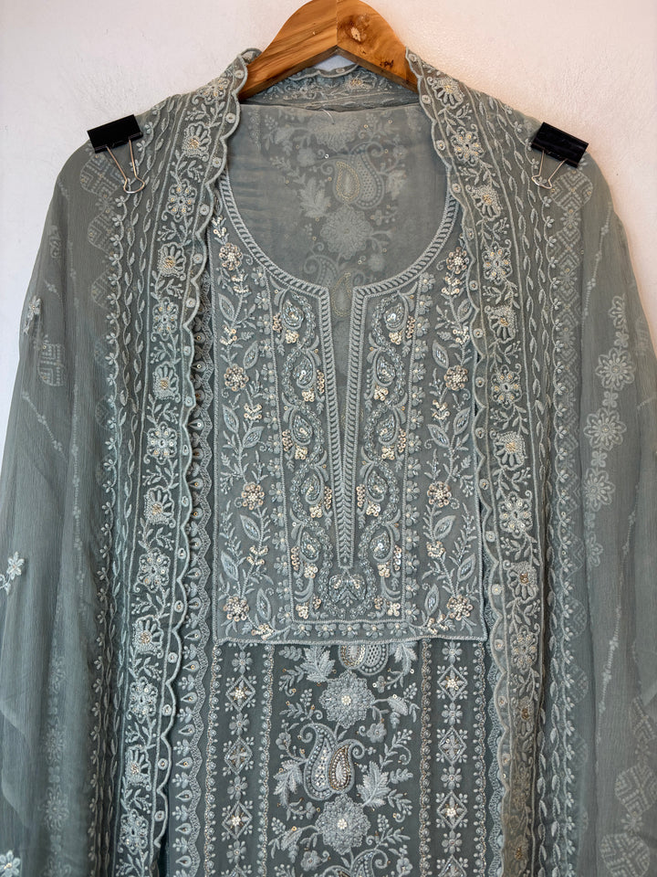 Sea Green Georgette Embroidered Suit Set with Pearl, Sequin &amp; Zari Work