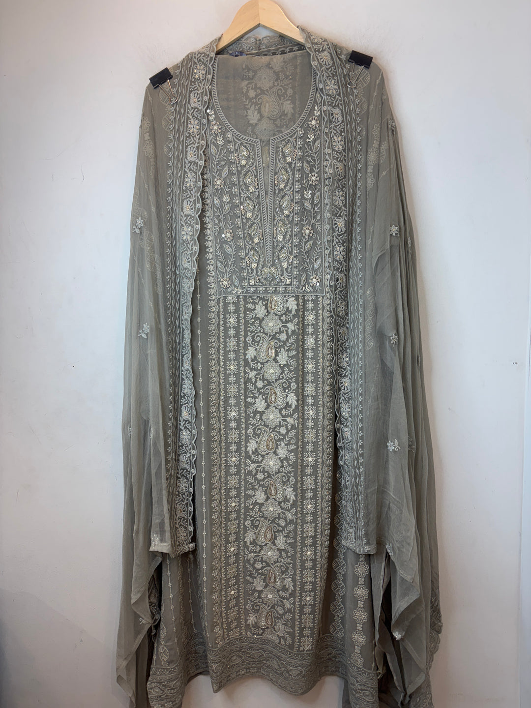 Dusty Green Georgette Embroidered Suit Set with Pearl, Sequin &amp; Zari Work
