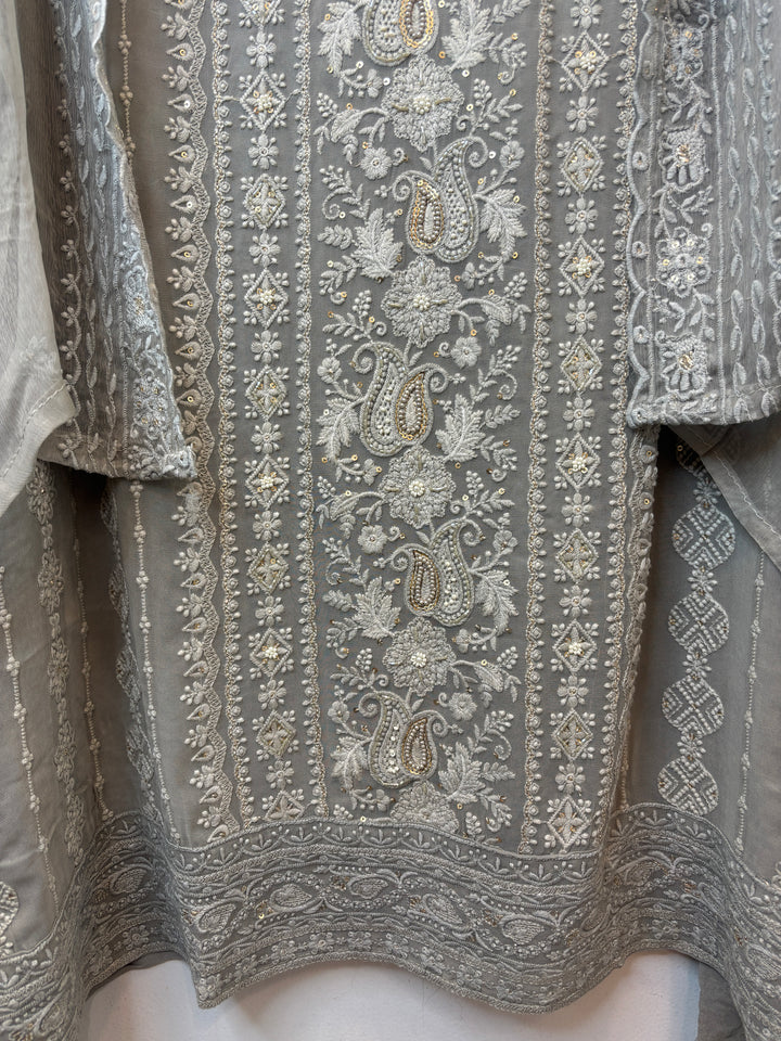 Dusty Green Georgette Embroidered Suit Set with Pearl, Sequin &amp; Zari Work