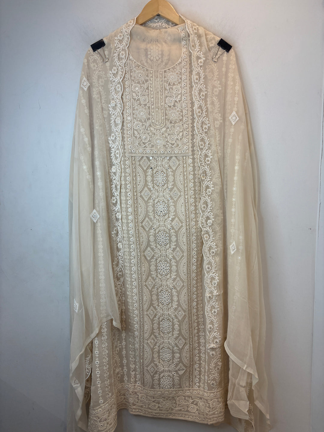 Ivory Georgette Lucknowi Embroidered Suit Set with Chiffon Dupatta