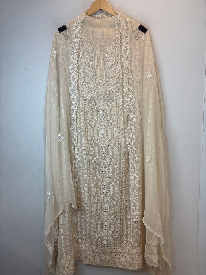 Ivory Georgette Lucknowi Embroidered Suit Set with Chiffon Dupatta