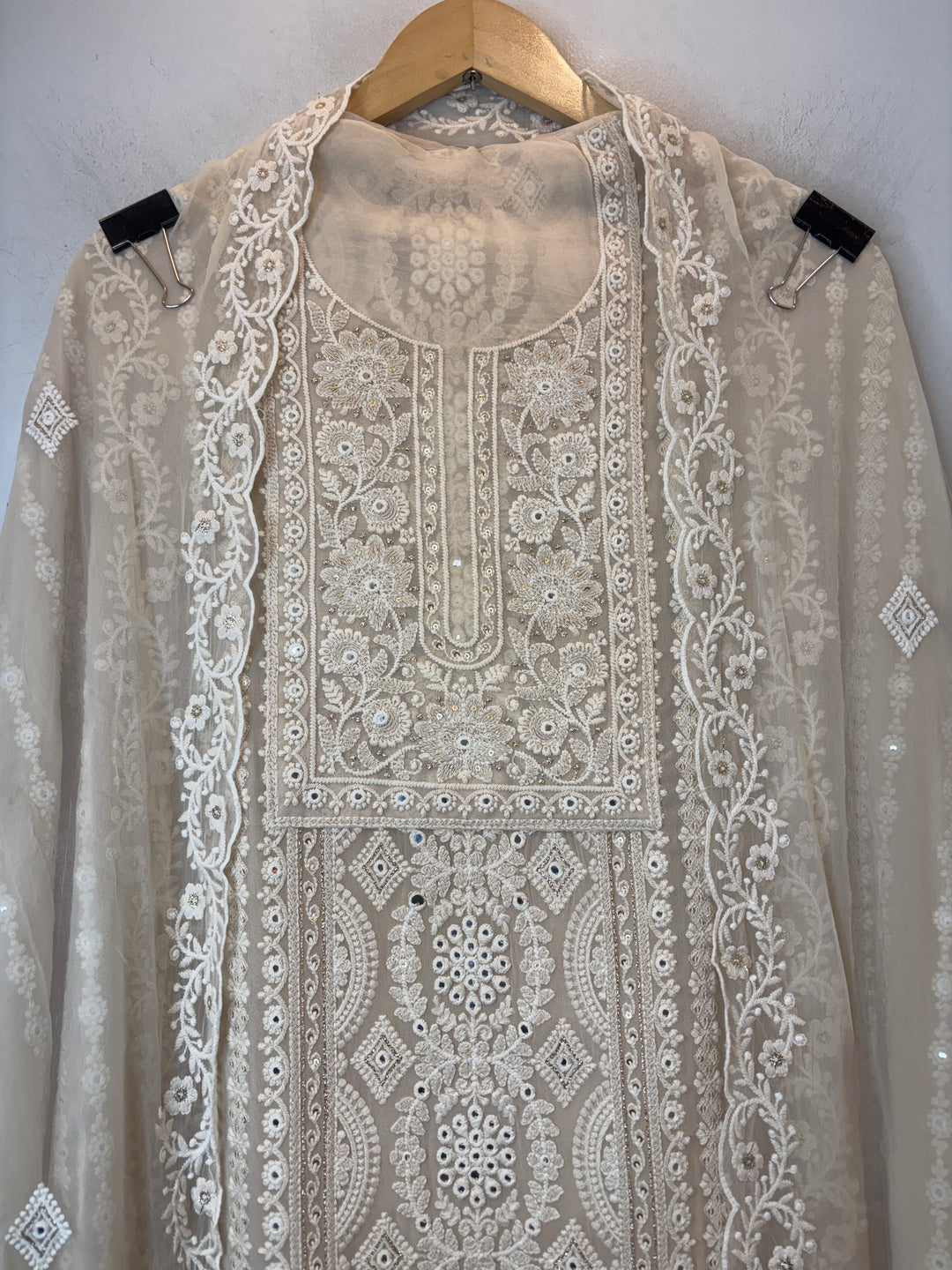 Ivory Georgette Lucknowi Embroidered Suit Set with Chiffon Dupatta