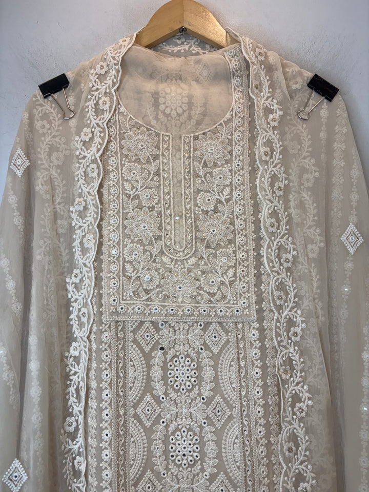 Ivory Georgette Lucknowi Embroidered Suit Set with Chiffon Dupatta