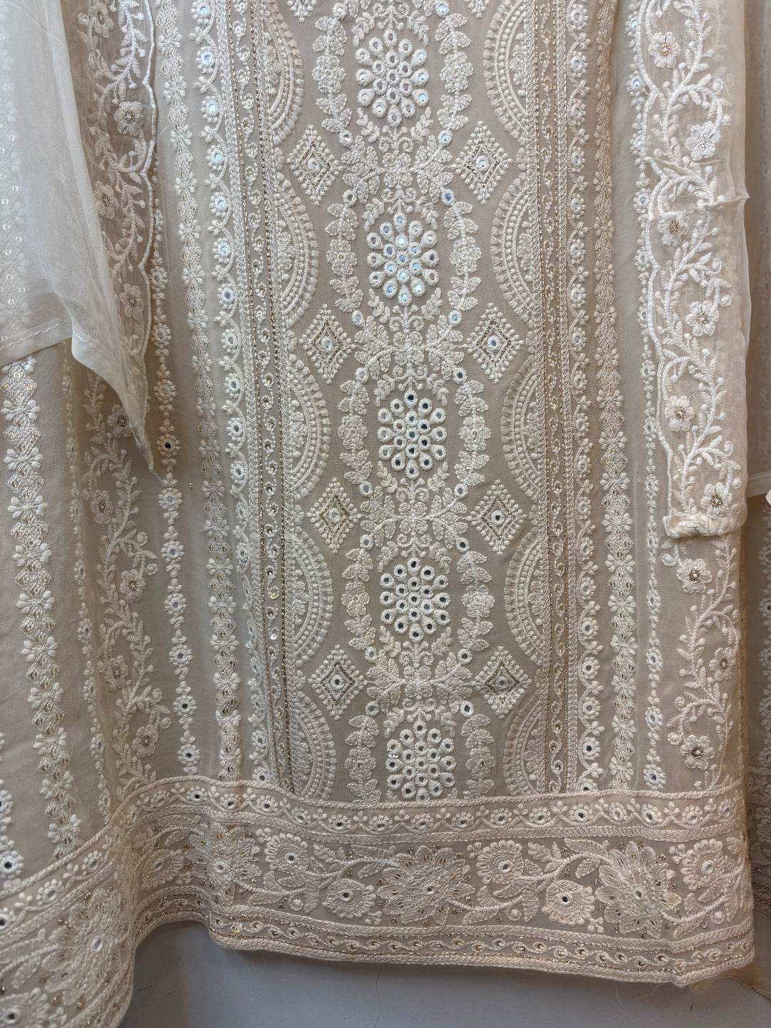 Ivory Georgette Lucknowi Embroidered Suit Set with Chiffon Dupatta