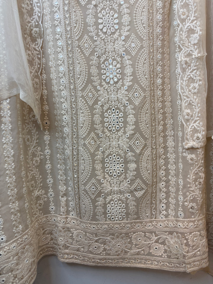 Ivory Georgette Lucknowi Embroidered Suit Set with Chiffon Dupatta