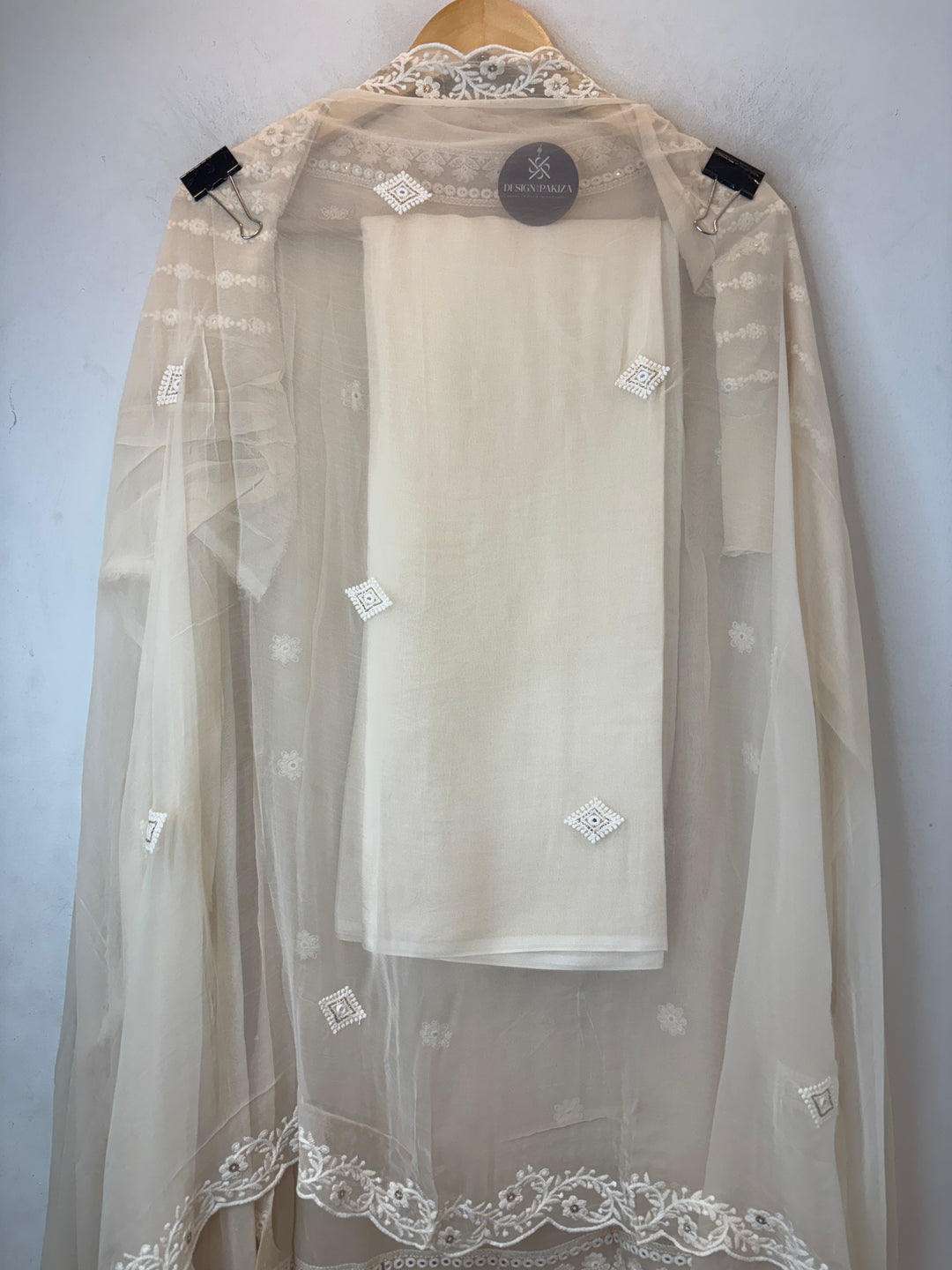 Ivory Georgette Lucknowi Embroidered Suit Set with Chiffon Dupatta