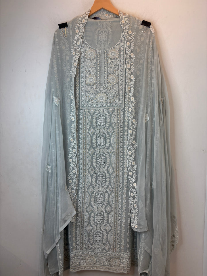 Grey Georgette Lucknowi Embroidered Suit Set with Chiffon Dupatta