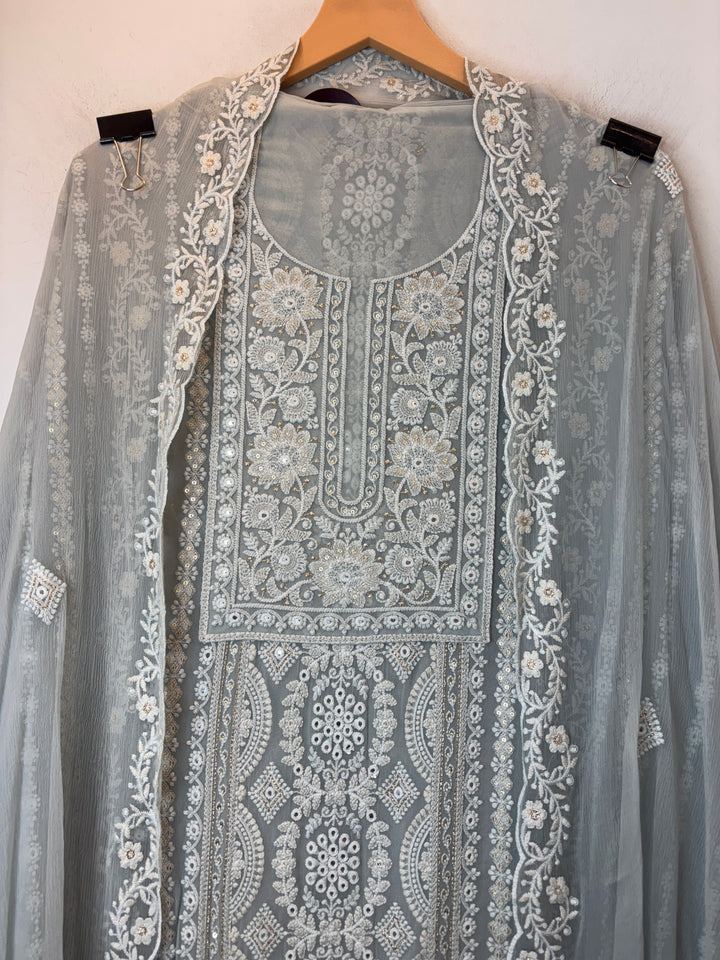 Grey Georgette Lucknowi Embroidered Suit Set with Chiffon Dupatta