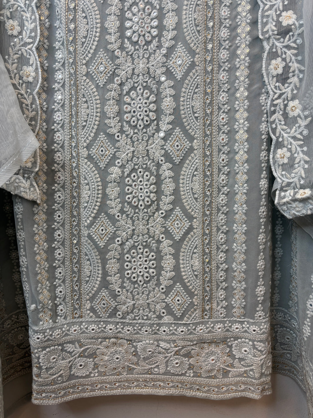 Grey Georgette Lucknowi Embroidered Suit Set with Chiffon Dupatta