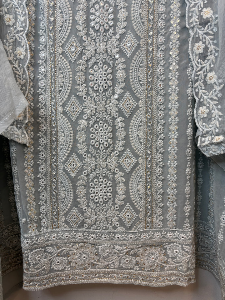Grey Georgette Lucknowi Embroidered Suit Set with Chiffon Dupatta