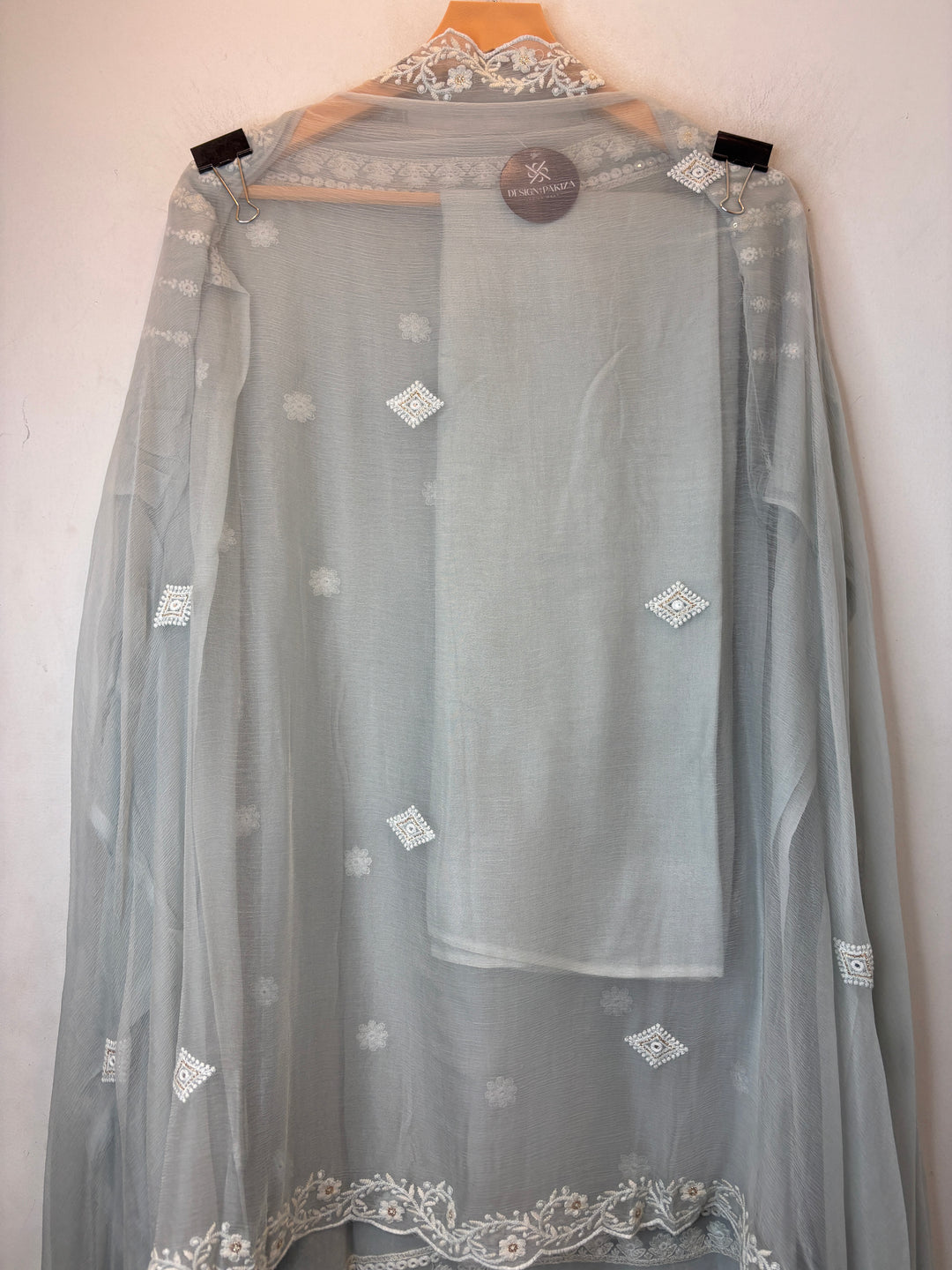 Grey Georgette Lucknowi Embroidered Suit Set with Chiffon Dupatta