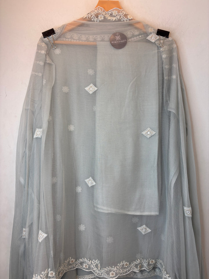 Grey Georgette Lucknowi Embroidered Suit Set with Chiffon Dupatta